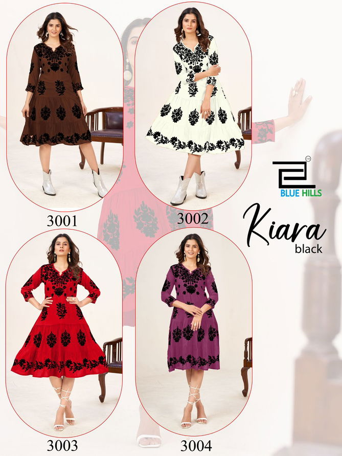 Kiara Black By Blue Hills Rayon Lucknowi Work Designer Kurtis Wholesale Online
